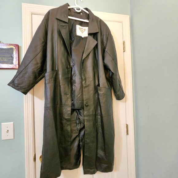 VTG MED Classic Laura Winston Black Leather Women's Button Up Long Trench Coat - Picture 1 of 16